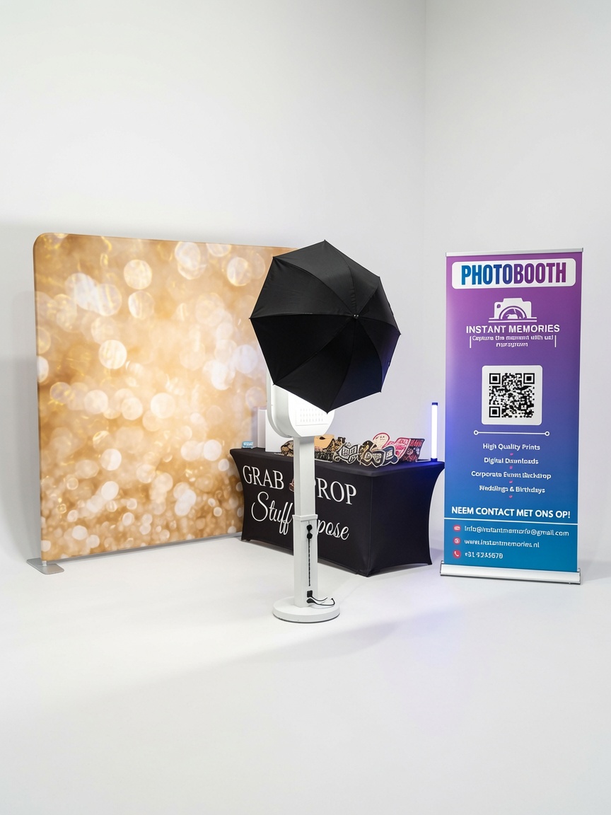 Complete photobooth opstelling met achtergrond, props en roll-up banner